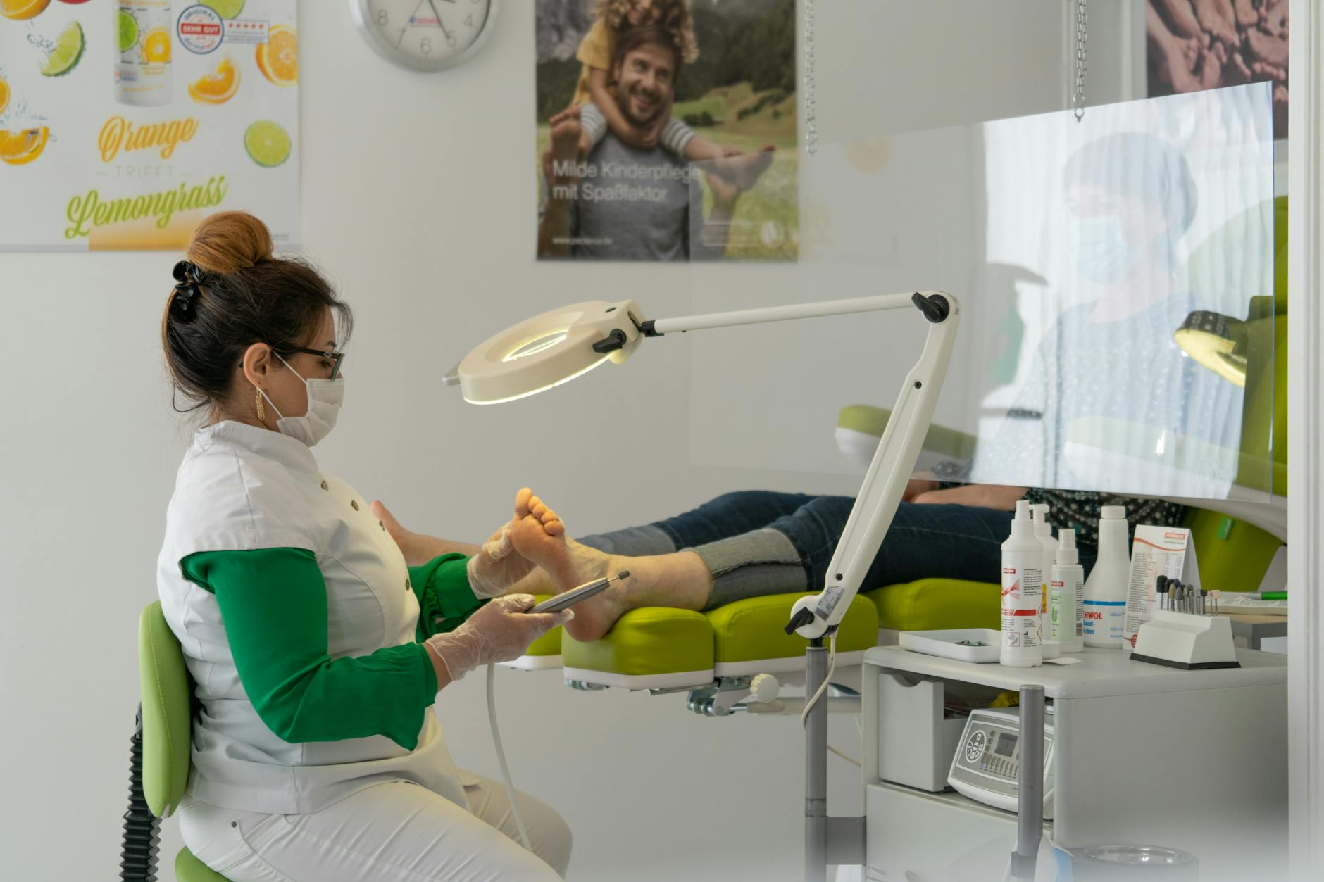 Podiatrist examining a patient's foot in a bright clean medical office, professional setting, doctor in white coat leaning forward with care, natural lighting, reassuring and clinical atmosphere, photorealistic